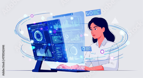 Woman analyzing data on a computer screen with futuristic interface and abstract circular graphics