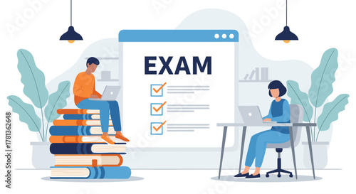 Online Exam Illustration with Students Studying and Taking Tests