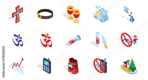 Isometric icons: mixed symbols of faith, communication, and fashion