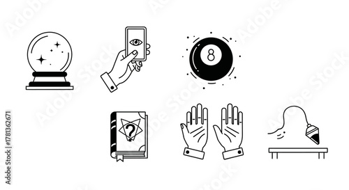Mystical elements set: crystal ball, magic book, tarot hands, deck of cards, psychic icon collection