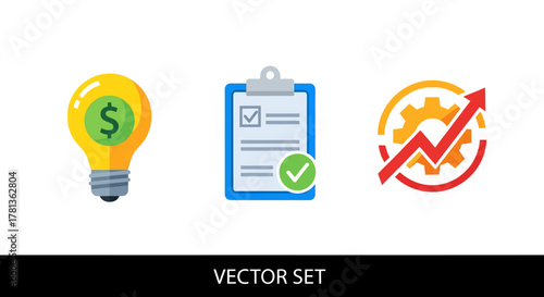 Business growth and finance icons: lightbulb, checklist, gear with arrow