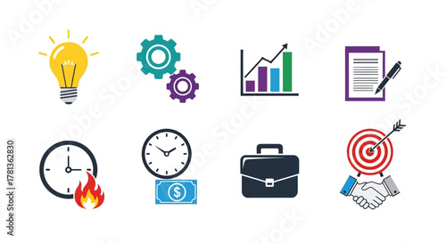 Business and productivity icons: innovation, analytics, and teamwork