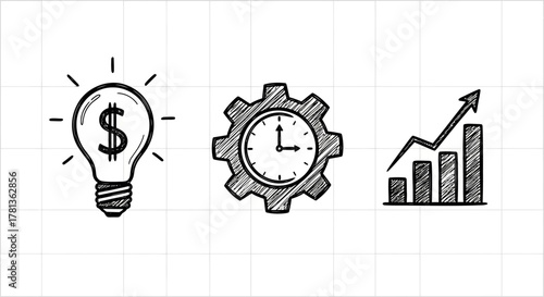 Hand drawn business icons: light bulb, gear with clock, and rising graph
