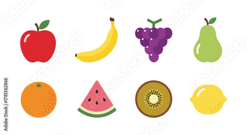 Colorful fruit icons collection with apple, banana, and more