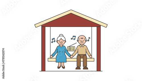 An elderly couple sitting on a porch swing holding hands while listening to a classic love song playing from a vintage radio evoking nostalgia.