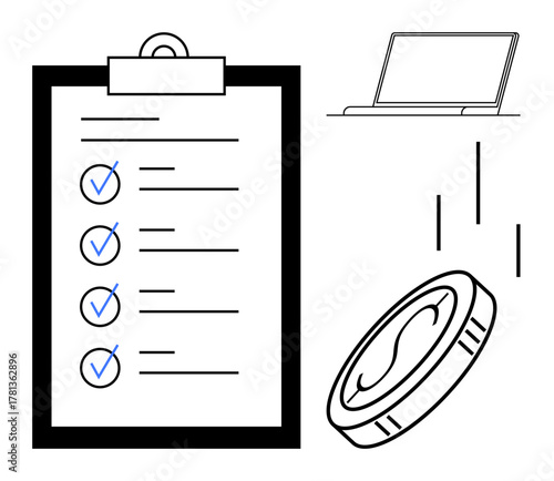 Completed checklist with blue checks, coin representing financials, laptop for technology, progress bars for development. Ideal for productivity, organization, business, success, planning finance