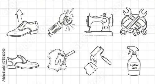 Hand drawn icons of shoe repair tools and leather care essentials