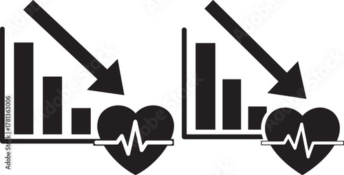 Two bar graphs showing declining trends with heartbeat ekg silhouette