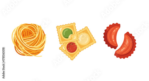 Assorted pasta types: spaghetti, ravioli, and red tortellini on white background
