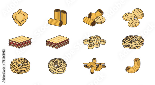 Assorted pasta types in flat design on white background