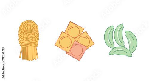 Various types of pasta: spaghetti, ravioli, and tortellini in a flat design