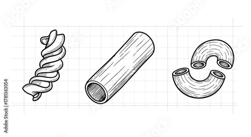 Hand drawn pasta types on grid background