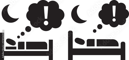 Two people dreaming of exclamations in bed under the moon silhouette