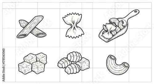 Variety of hand drawn pasta in grid layout with pen and ink style