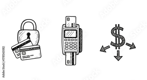 Sketch style financial elements: lock, credit card, payment terminal, dollar sign