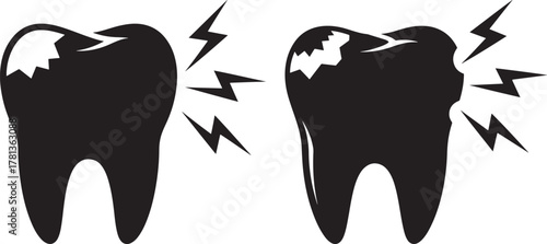 Two black tooth silhouettes showing pain with lightning bolt symbols silhouette