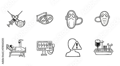 Linear black and white medical tools and symbols for healthcare settings