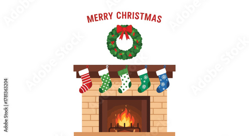 Cozy christmas scene with a fireplace stockings and a festive wreath above merry christmas text