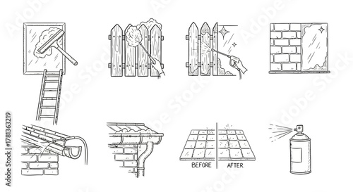 Linear sketches of cleaning and restoration techniques for home improvement projects