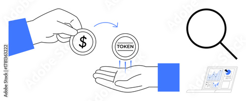 Hand exchanging dollar coin for digital token, magnifying glass for analysis, laptop showing data. Ideal for tokenization, finance, cryptocurrency, blockchain, investment, data analysis seamless