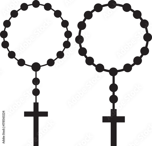 Two simple black rosary beads with crosses silhouette