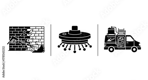 Silhouette set: pressure washer, shower head, cleaning van icons
