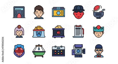 Diverse collection of colorful flat style icons for modern applications