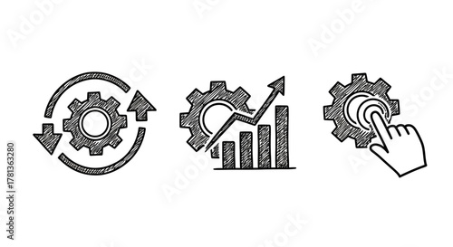 Hand drawn gears and graph icons representing business growth and automation concepts