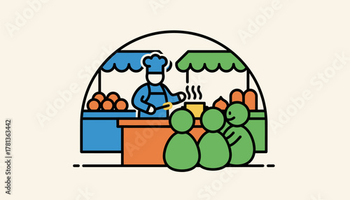 A lively cooking demonstration taking place in the center of the market drawing a curious crowd eager to learn.