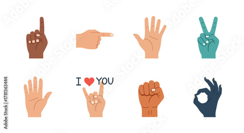 Diverse hand gestures set displaying various signs and expressions