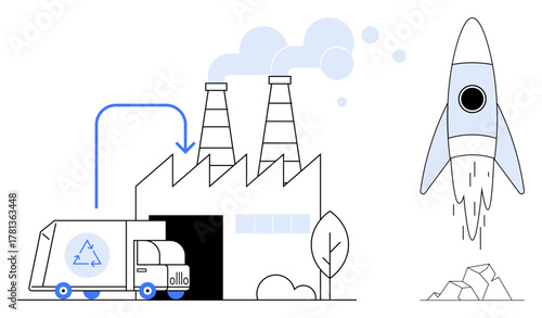 Factory processing recycling materials from truck with rocket launching nearby, symbolizing transformation, innovation, and sustainability. Ideal for ecology, industry, technology, growth, progress