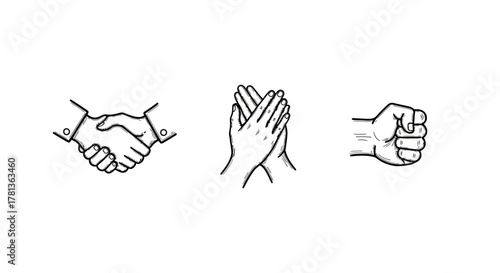 Minimalist hand gesture icons: handshake, clap, fist in monochrome design