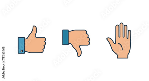 Thumbs up and down icons with open hand gesture in flat design