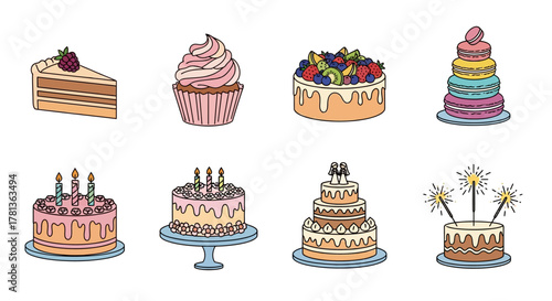 Delicious cake and dessert collection with various styles and toppings