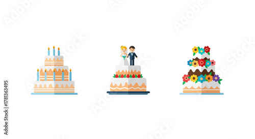 Variety of cakes: birthday and wedding designs with floral decorations