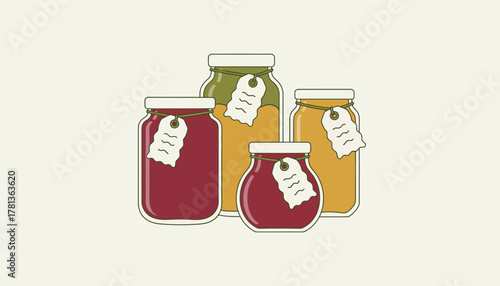 A selection of homemade preserves and jams displayed in glass jars labeled with charming handwritten tags.