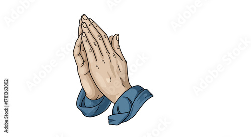 Hands in prayer gesture with blue sleeves on white background