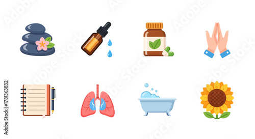 Wellness icons collection: meditation, aromatherapy, and natural remedies