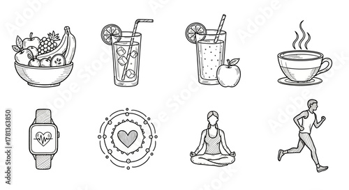 Healthy lifestyle icon set: fruits, beverages, yoga, running, and wellness themes