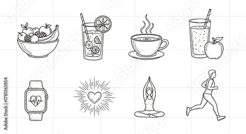 Healthy lifestyle icons: fitness, nutrition, and wellness in line art design