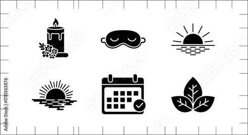 Relaxation icons set: candle, sleep mask, sunrise, calendar, leaves