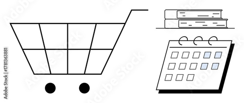 Shopping cart with two wheels, two stacked books on a shelf, and a calendar with marked dates. Ideal for retail, education, time management, e-commerce, learning, scheduling and productivity themes