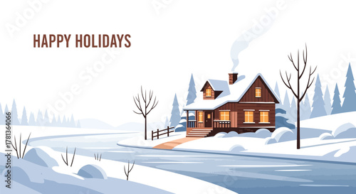 Cozy wooden cabin with smoke from chimney on a snowy winter day with happy holidays text