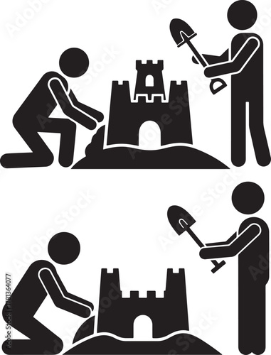 Two people building an elaborate sandcastle together on a beach silhouette