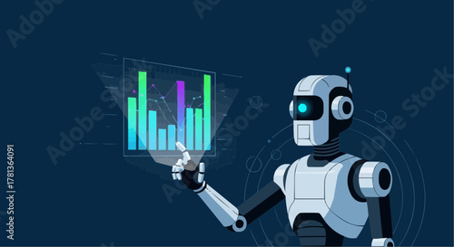 Robot interacting with a holographic graph display showing data analysis and futuristic technology