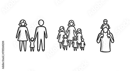 Black and white family doodle: parent-child bond in sketch style