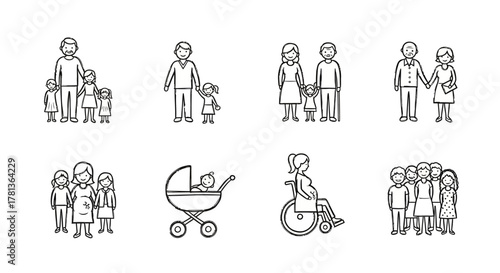 Linear family illustrations: generations and diversity in black and white design