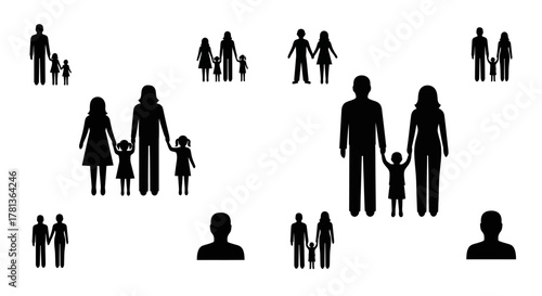 Silhouette of diverse families holding hands on a white background
