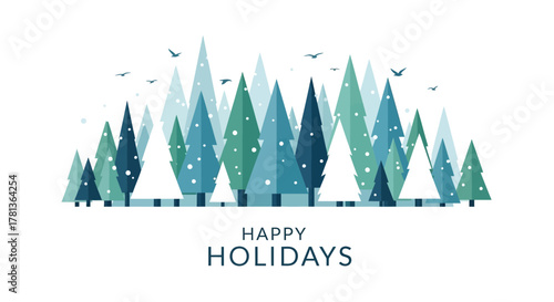 Stylized winter forest scene with snowflakes and birds above happy holidays text