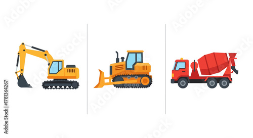 Colorful construction vehicles: excavator, bulldozer, and cement mixer in flat design